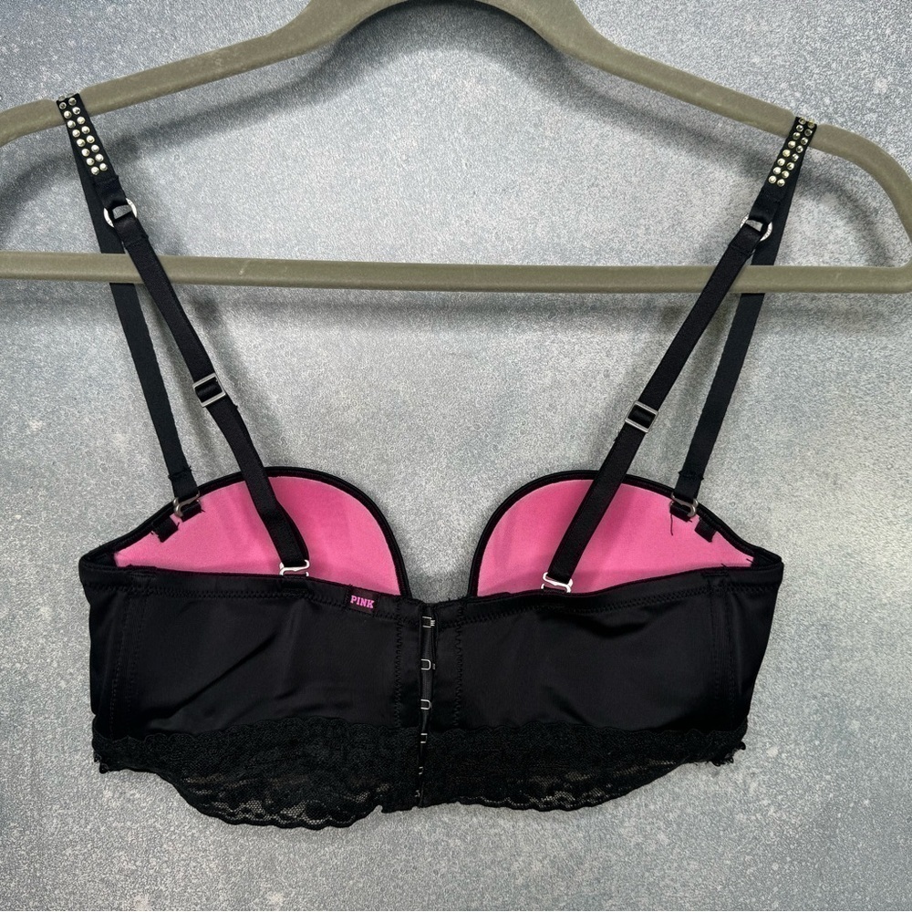 PINK Victoria's Secret Black Lace/Rhinestone Padded Bustier Bra - Size 34B - Picture 2 of 6